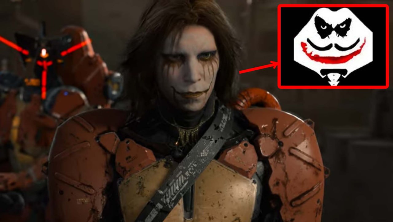 Хиггс и Джокер Мем с персонажем Хиггсом из игры Death Stranding, указывающим на логотип Джокера.