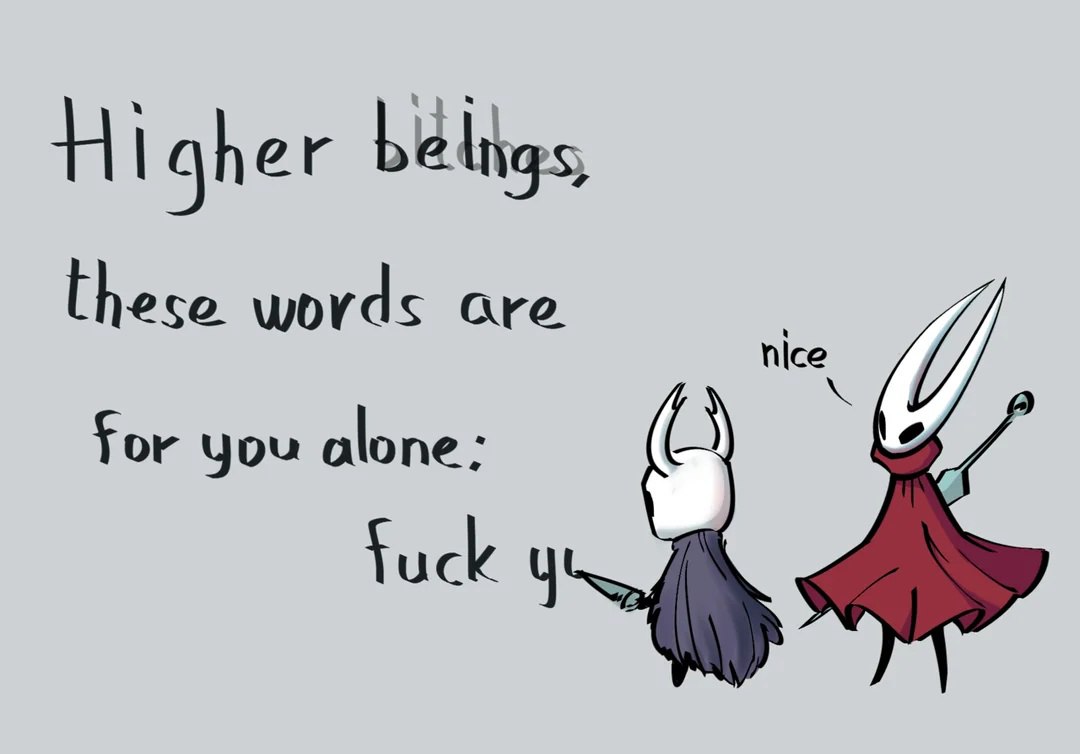Higher beings, these words are for you alone: fuck you Персонаж из игры Hollow Knight показывает средний палец, а другой персонаж говорит "nice"