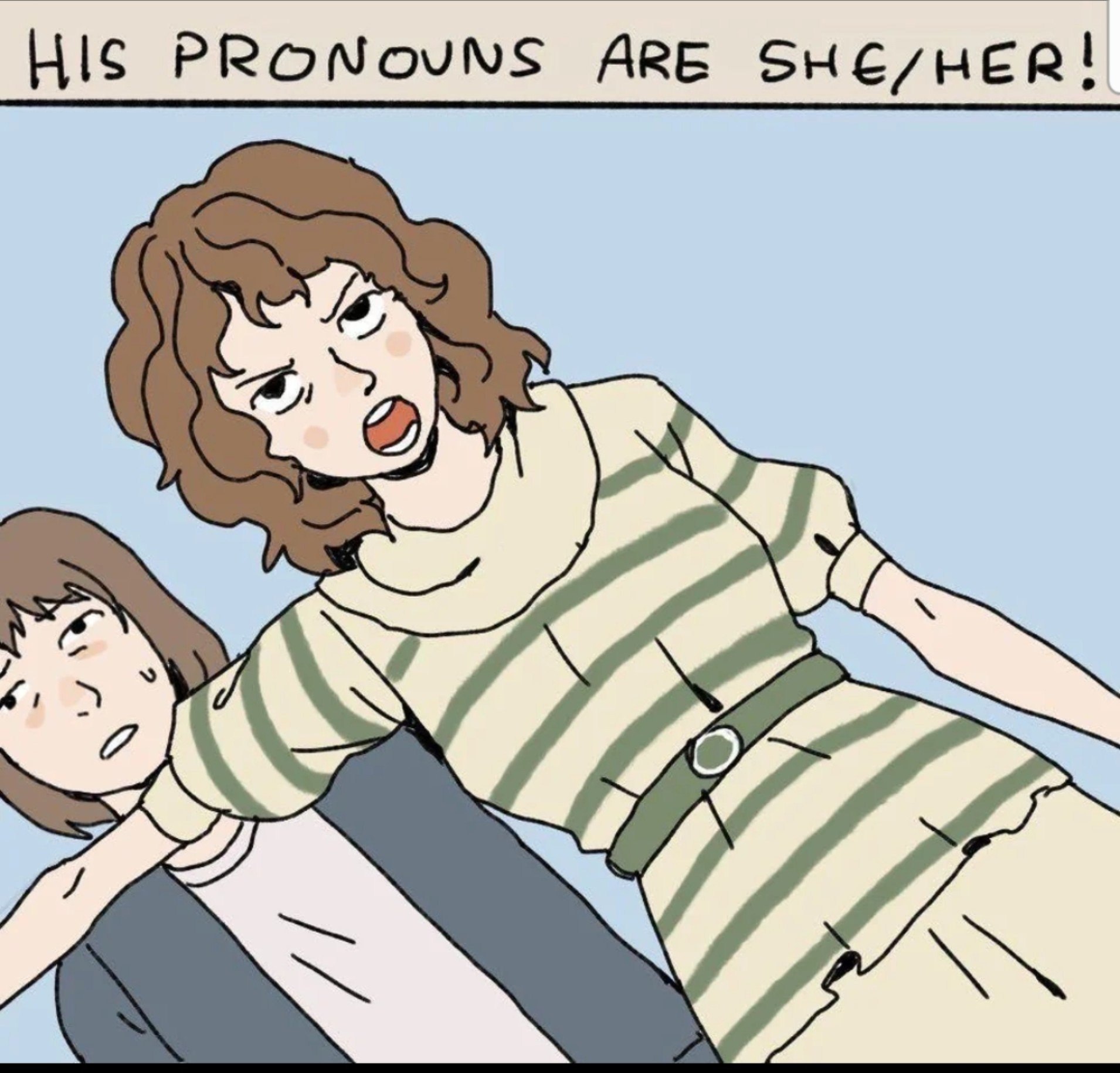 Эмоциональная девушка объясняет, что местоимения человека — she/her, пока её собеседница выглядит растерянной.