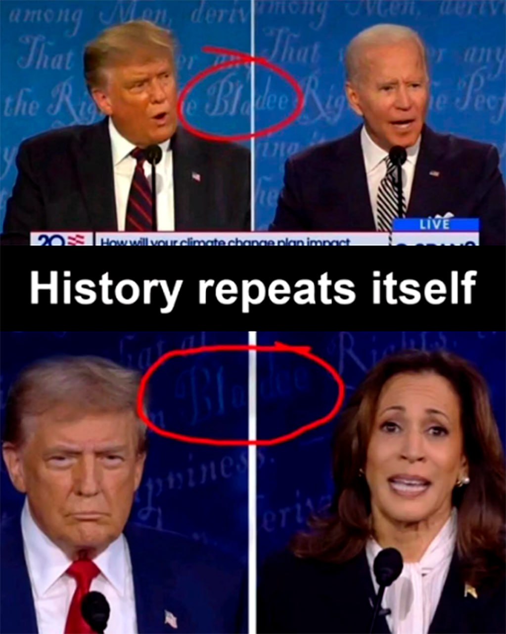 History repeats itself Мем «История повторяется» с Дональдом Трампом, Джо Байденом и Камалой Харрис на фоне дебатов