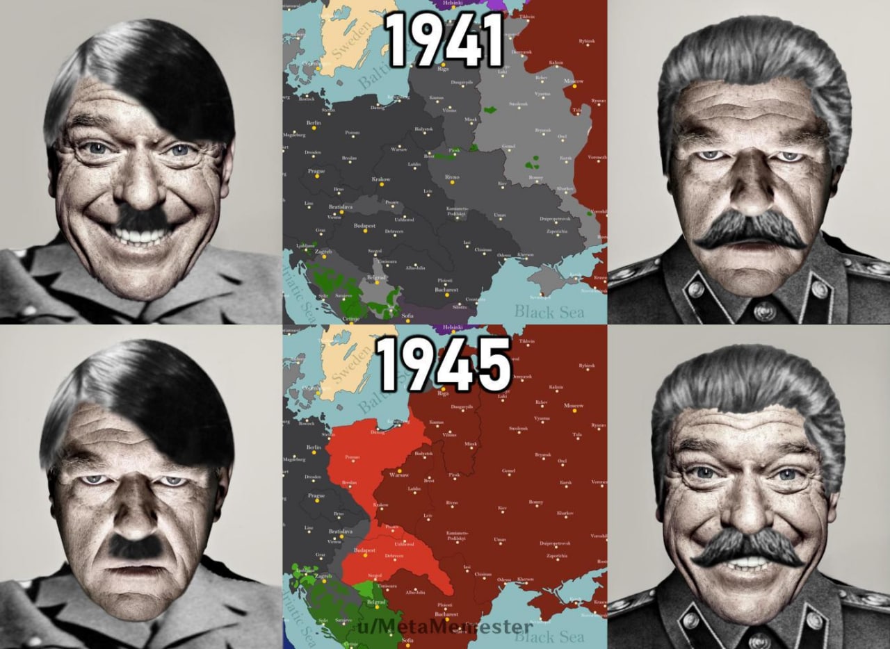 Гитлер и Сталин на карте Второй мировой войны Мем с лицами Гитлера и Сталина, показывающий изменения на карте Восточной Европы в 1941 и 1945 годах.