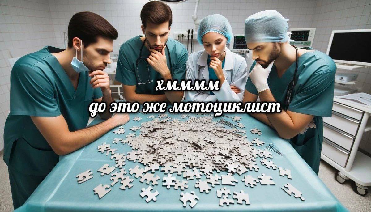 Хммм, да это же мотоциклист Врачи в операционной пытаются собрать пазл, говоря: "Хммм, да это же мотоциклист"