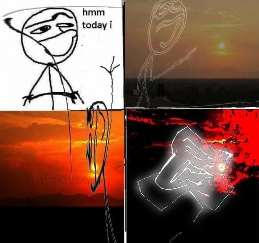 Мем hmm today i Мем с человеком-палкой, который постепенно искажается на фоне заката, с подписью 'hmm today i'