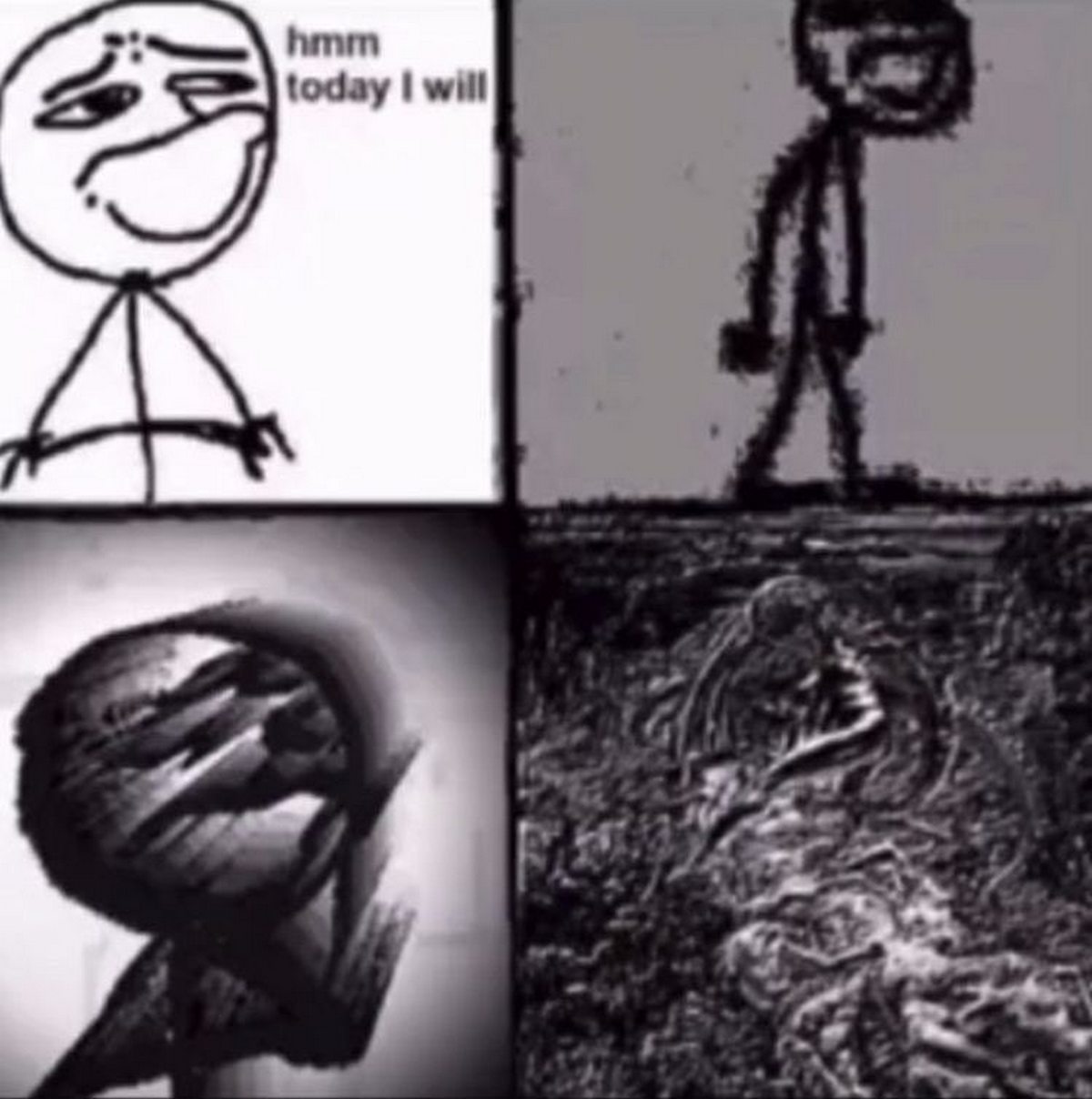 Hmm today I will Мем Hmm today I will с деградирующим человечком