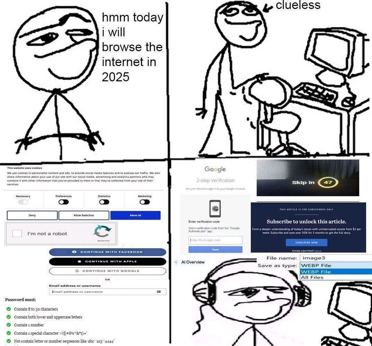Hmm today i will browse the internet in 2025 Мем про сложности и абсурдность использования интернета в 2025 году с персонажем-стикманом, сталкивающимся с куки, капчей, двухфакторной аутентификацией и платными статьями.
