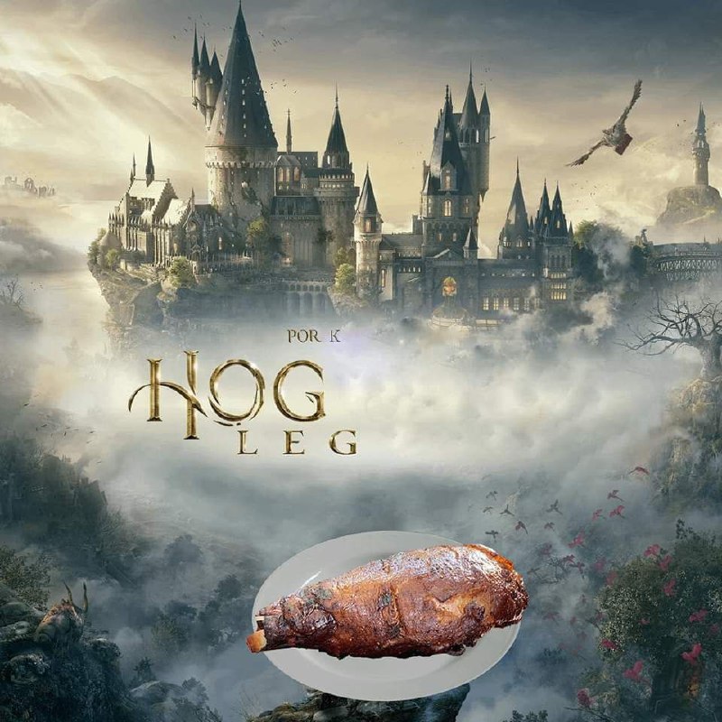 Hog Leg Надпись Hog Leg на фоне Хогвартса и жареная свиная рулька на тарелке.