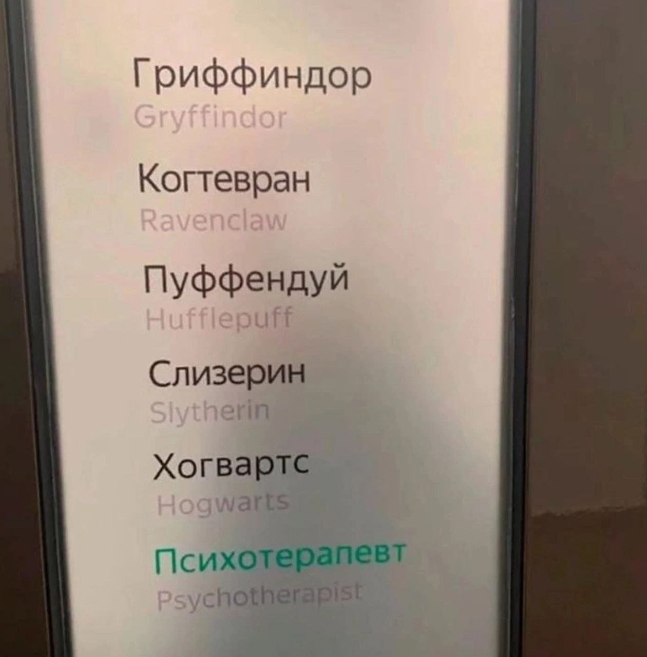 Список факультетов Хогвартса с неожиданным вариантом «Психотерапевт»