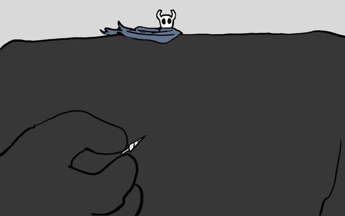 Большой гвоздь и маленький Призрак из Hollow Knight Мем, изображающий Призрака из игры Hollow Knight, спящего на большом гвозде, который держит чья-то рука. Гвоздь выглядит как уменьшенная копия оружия Призрака.