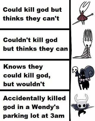 Мем про убийство бога и персонажей Hollow Knight Мем про убийство бога, где персонажи игры Hollow Knight распределены по категориям в зависимости от их способностей и готовности убить божество.