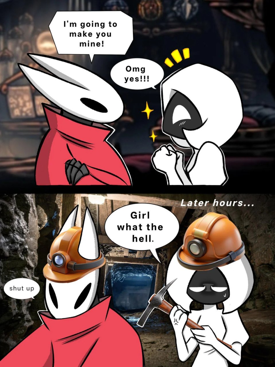 Комикс по Hollow Knight: сначала флирт, а потом оба уже работают в шахте с касками и киркой.