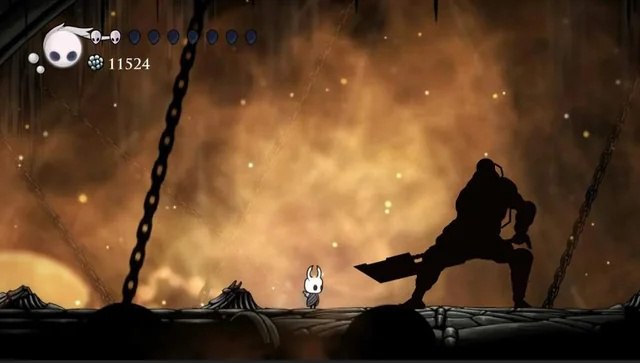 Hollow Knight и Титан из Shadow Fight 2 Hollow Knight стоит перед огромным силуэтом Титана из Shadow Fight 2