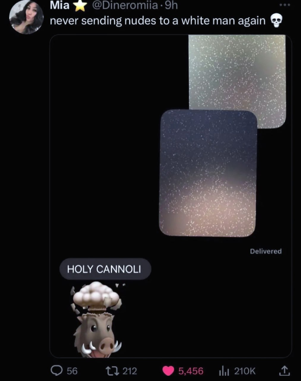 Кабан с реакцией Holy cannoli Мем с кабаном, у которого взрывается голова от реакции Holy cannoli, предположительно на присланные фотографии.