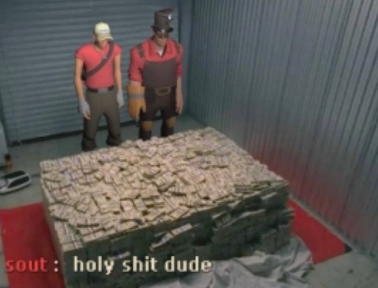 Holy shit dude Мем с персонажами из Team Fortress 2, Скаутом и Инженером, которые стоят перед огромной кучей денег