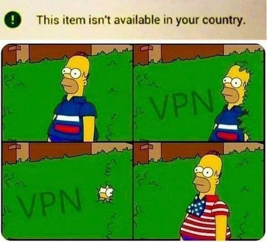 Гомер Симпсон и VPN Мем с Гомером Симпсоном, меняющим флаг на футболке после использования VPN для обхода блокировки контента.