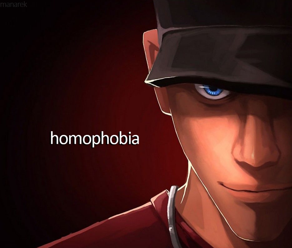 Homophobia Скаут Мем с персонажем по имени Скаут из игры Team Fortress 2, на фоне красного света, и с текстом на картинке «homophobia»