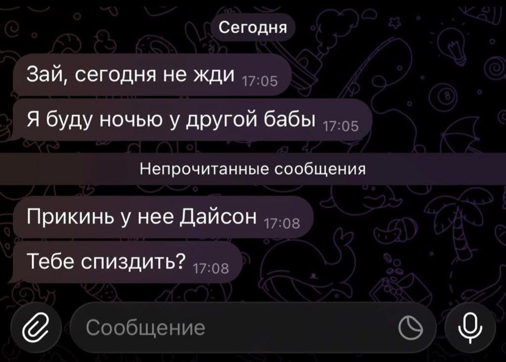 Скриншот переписки в мессенджере с фразами: "Зай, сегодня не жди. Я буду ночью у другой бабы. Прикинь у нее Дайсон. Тебе спиздить?"