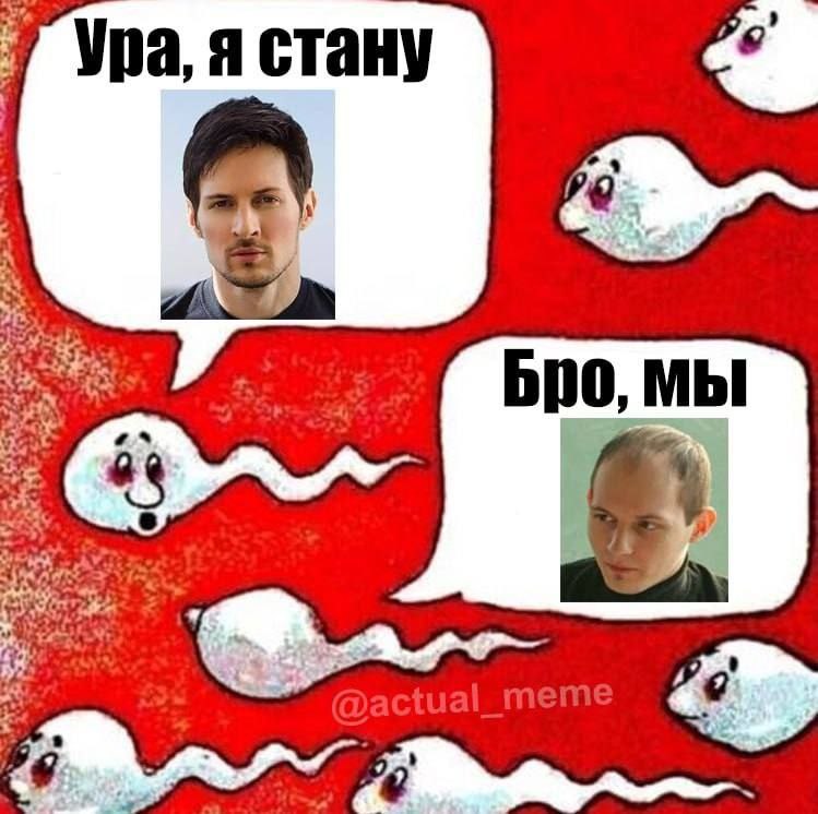 Мем про сперматозоидов, один из которых хочет стать Павлом Дуровым, а другой намекает, что они станут менее успешными.