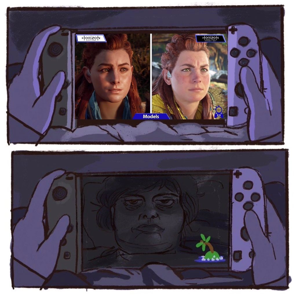 Героиня Horizon Zero Dawn и ее модель Мем с двумя панелями, где на верхней показаны модели персонажей Элой из игр Horizon Zero Dawn и Horizon Forbidden West, а на нижней — геймер, который играет в Nintendo Switch и выглядит как растрепанная версия модели Элой. Справа от него маленький остров с пальмой.
