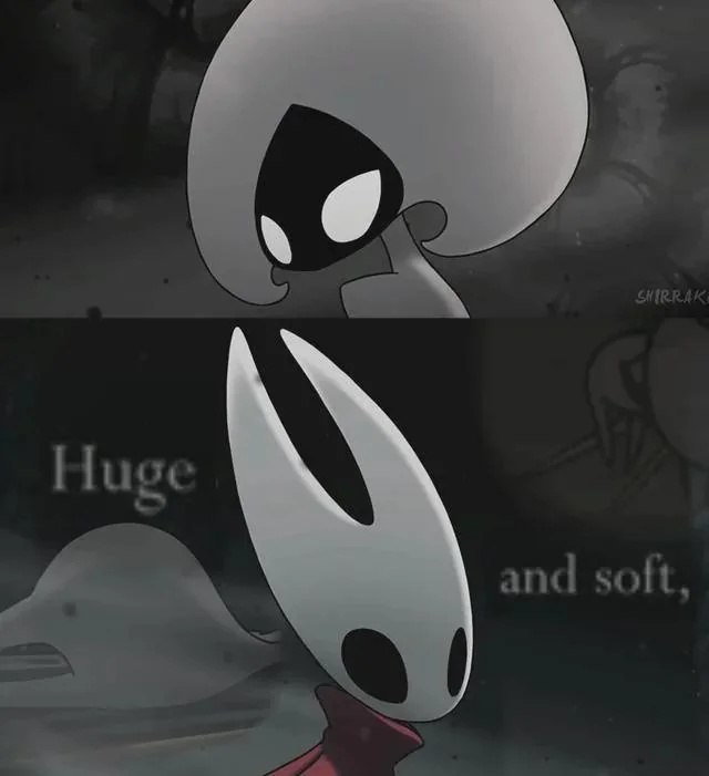 Хорнет и Лейс из Hollow Knight: Silksong на чёрно-белой иллюстрации с подписью «Huge and soft» — «огромная и мягкая».