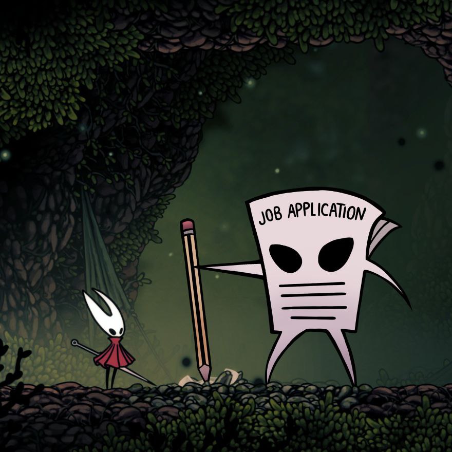 Hornet и анкета на работу Персонаж Hornet из Hollow Knight смотрит на анкету на работу с карандашом
