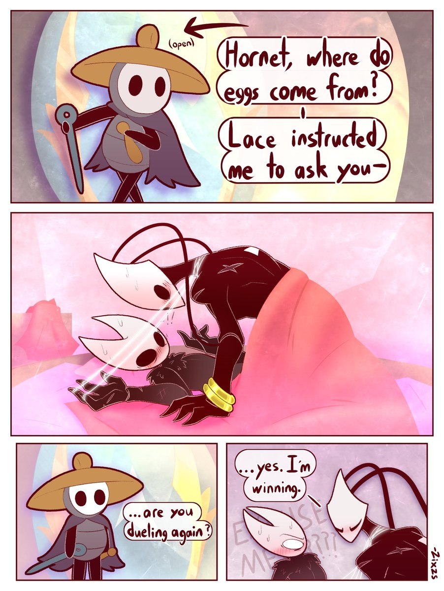 Комикс по Hollow Knight с Хорнет и Lace, где Хорнет неловко спрашивает, откуда берутся яйца, а потом пытается перевести всё в шутку про дуэль.