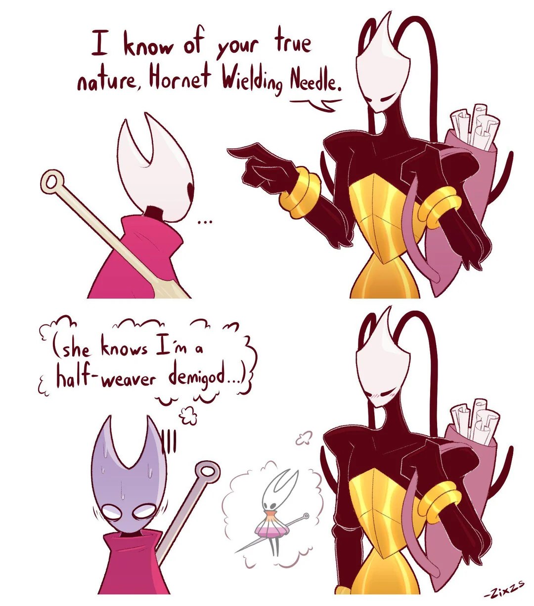 Хорнет раскрывает истинную природу Рыцаря из Hollow Knight, который оказывается наполовину ткачом и полубогом.