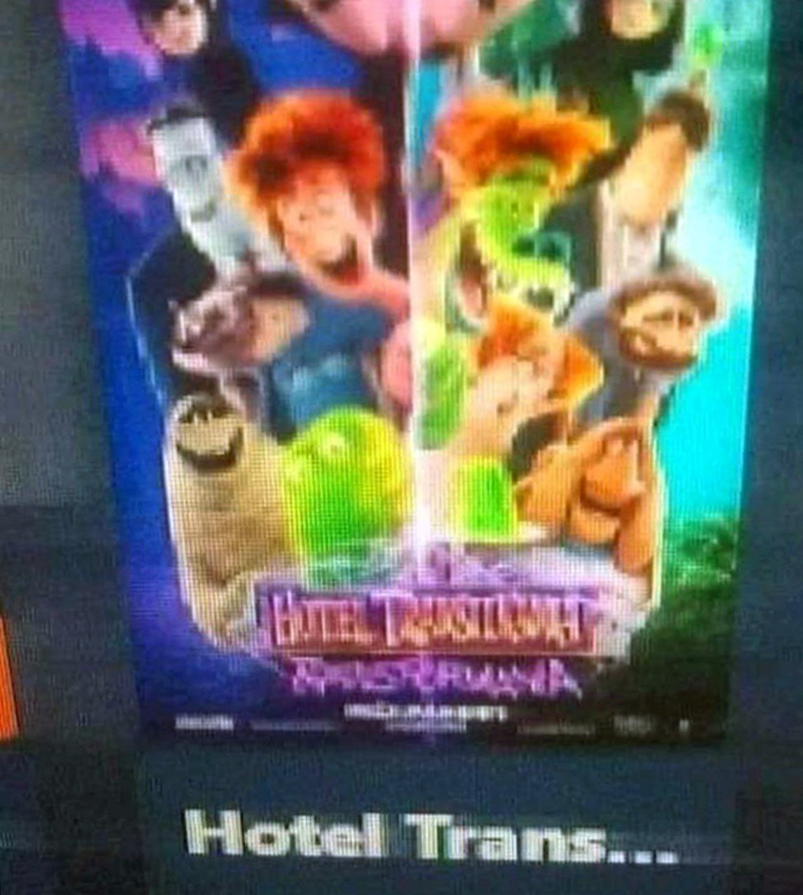 Hotel Trans... Мем про то, как обрезанное название "Hotel Transylvania" выглядит как "Hotel Trans..."
