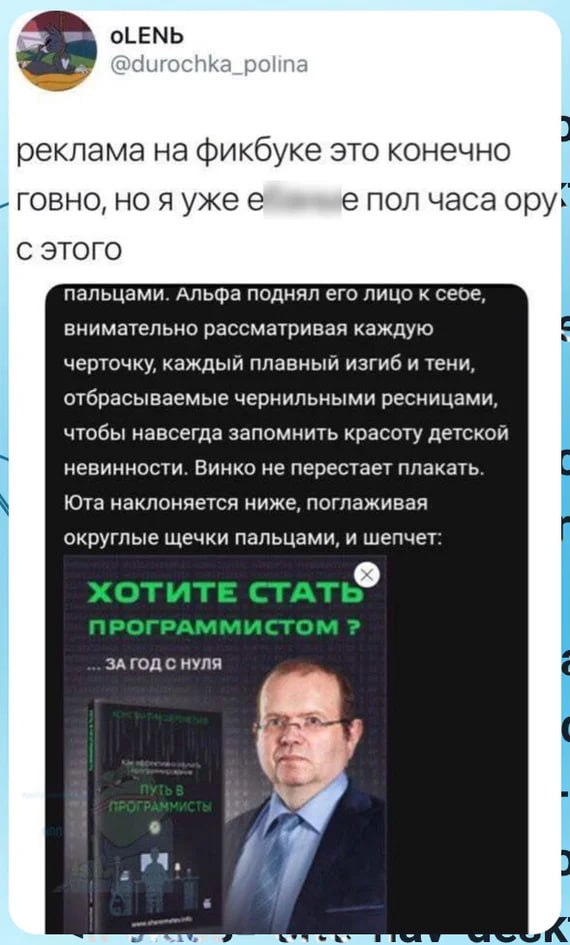 Хотите стать программистом Реклама на фикбуке: мем, где реклама курсов программирования накладывается на отрывок текста про «Альфу» и «Юту»