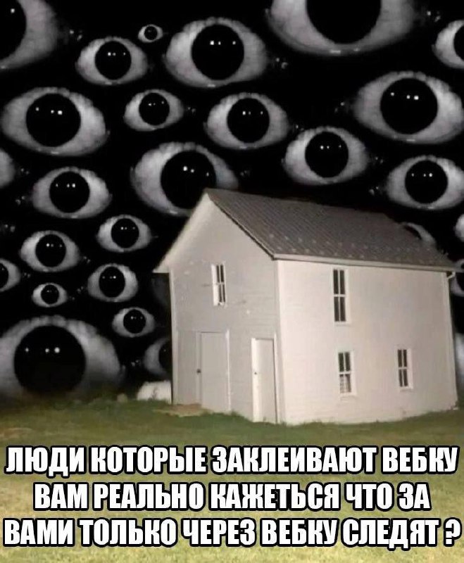 Дом и множество глаз Дом под наблюдением множества глаз в темной ночи, текст на картинке про заклеивание веб-камеры.