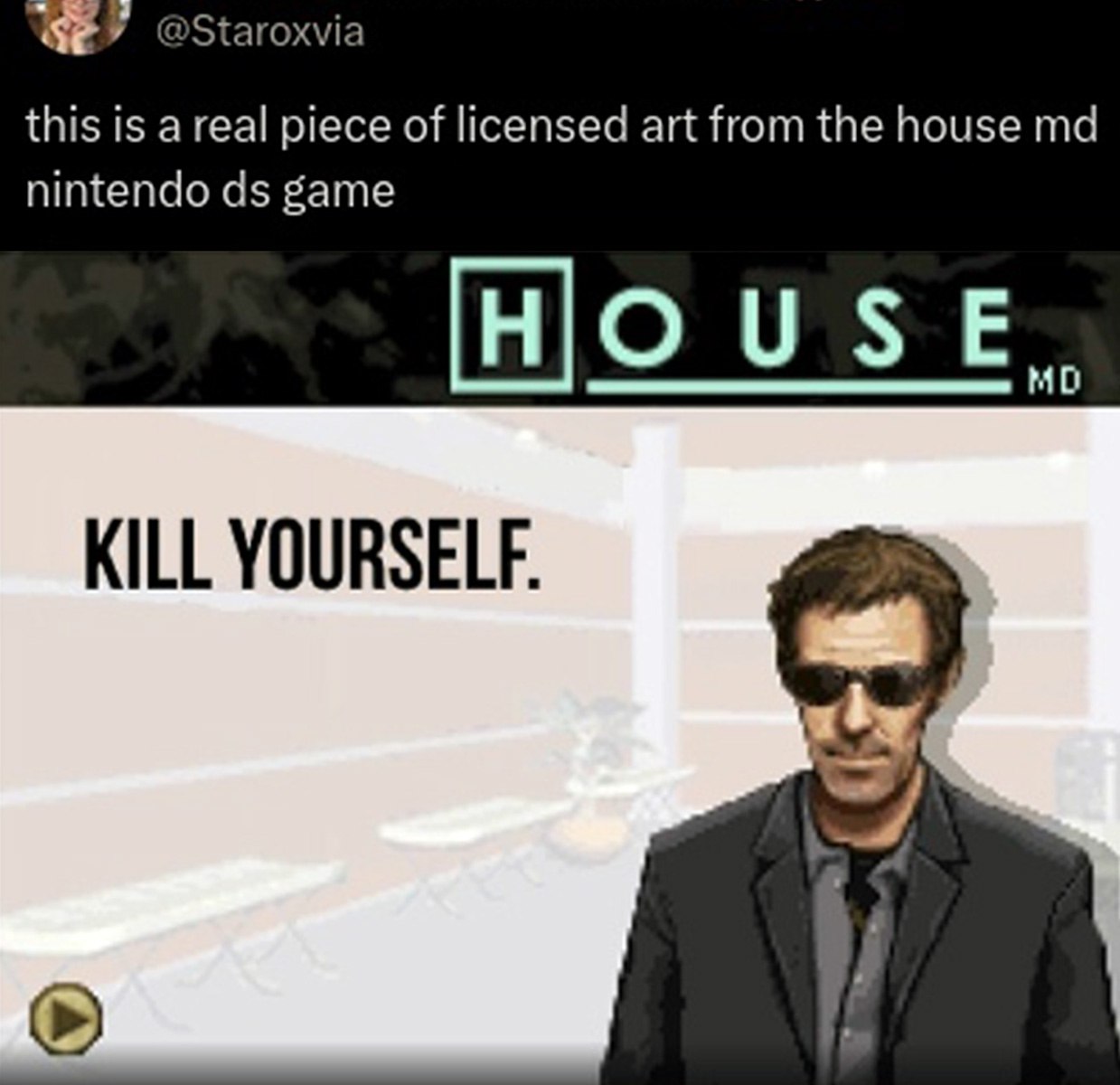 Хаус KILL YOURSELF Доктор Хаус говорит «KILL YOURSELF» в игре для Nintendo DS