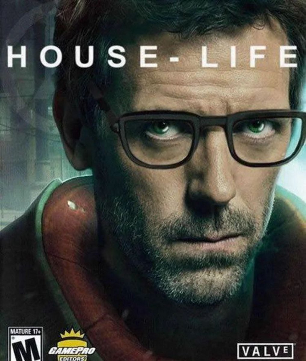 Доктор Хаус как Гордон Фримен из Half-Life Обложка пародийной игры HOUSE-LIFE, где Доктор Хаус заменяет Гордона Фримена из Half-Life.