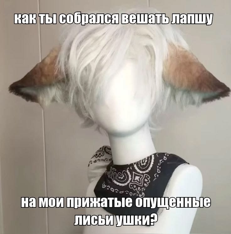 Манекен с белым париком и опущенными лисьими ушами спрашивает, как на них собираются «вешать лапшу».