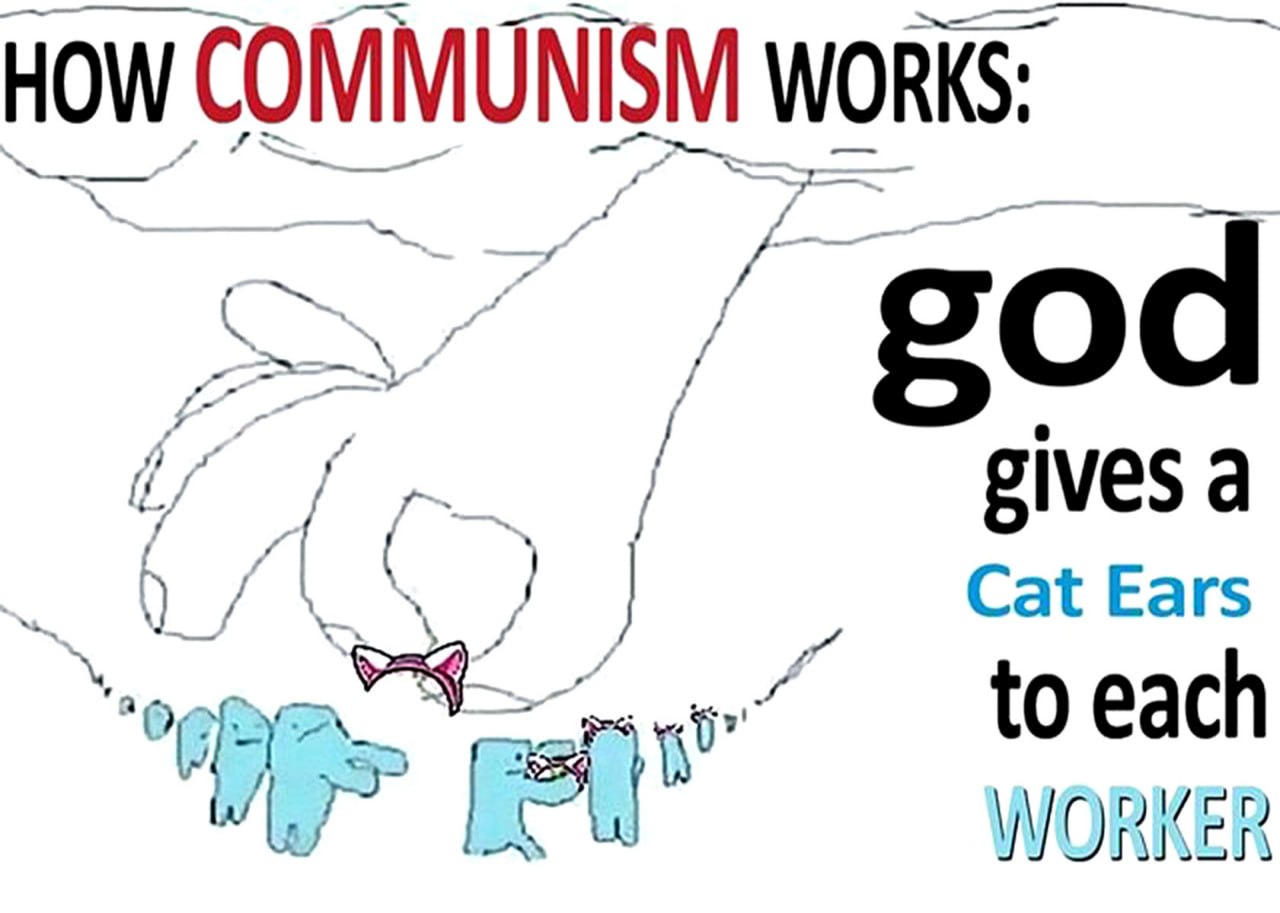 How communism works: God gives a cat ears to each worker Мем, объясняющий, как работает коммунизм: Бог выдаёт кошачьи ушки каждому рабочему