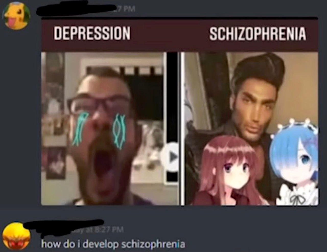 How do i develop schizophrenia Мем, где депрессия сравнивается со страдающим человеком, а шизофрения с «гигачадом», у которого есть аниме-девушки, а внизу пользователь спрашивает, как развить шизофрению.