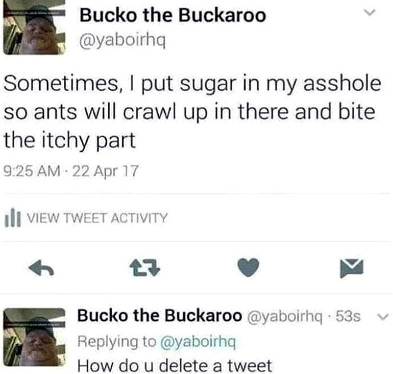 How do you delete a tweet Скриншот из Твиттера, где пользователь спрашивает, как удалить твит после публикации странного сообщения.