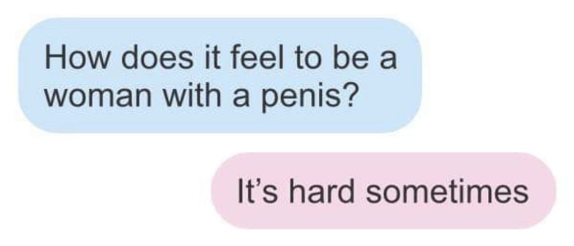 It's hard sometimes Переписка "How does it feel to be a woman with a penis? It's hard sometimes."