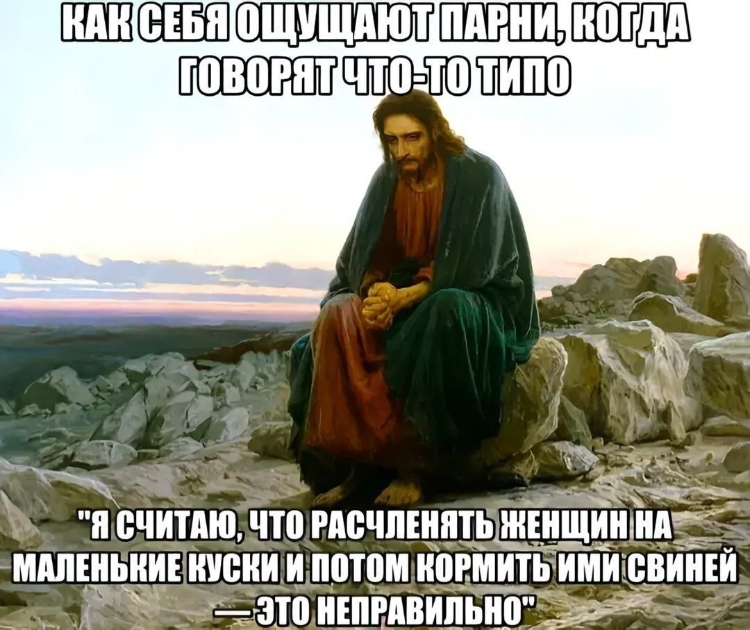 Иисус задумчиво сидит на камнях, пока на изображении высмеивается очевидное моральное утверждение о том, что расчленять женщин и кормить ими свиней неправильно.