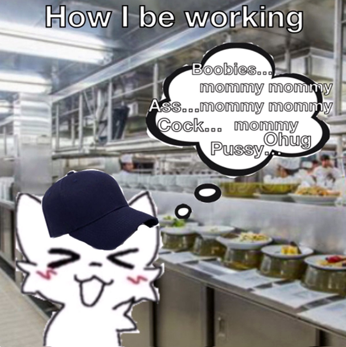 How I be working Персонаж в кепке работает и думает о груди, попках и других частях тела.