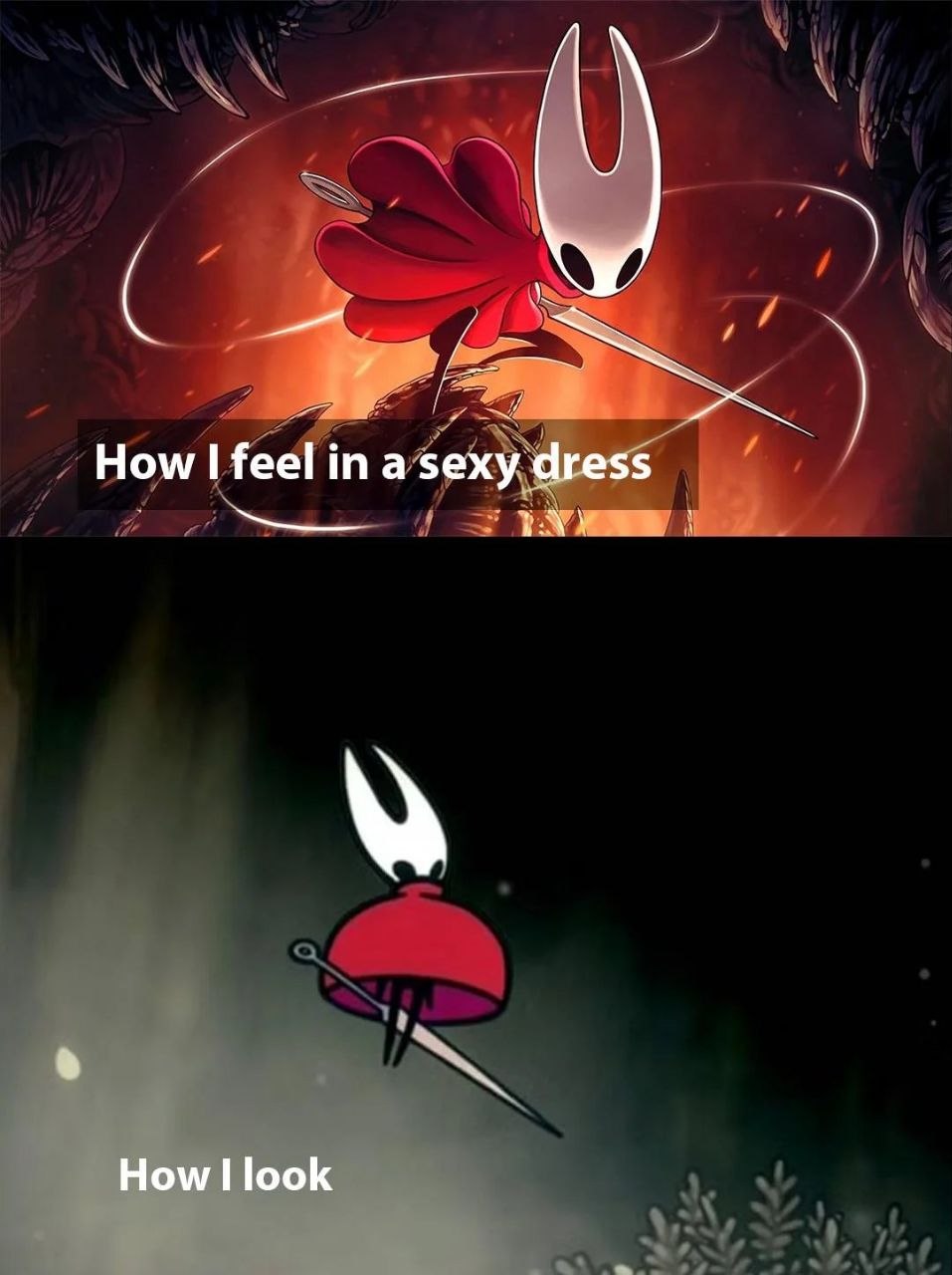 Хорнет из Hollow Knight эффектно выглядит в красном платье в своем воображении, но со стороны кажется неуклюжей и нелепой.