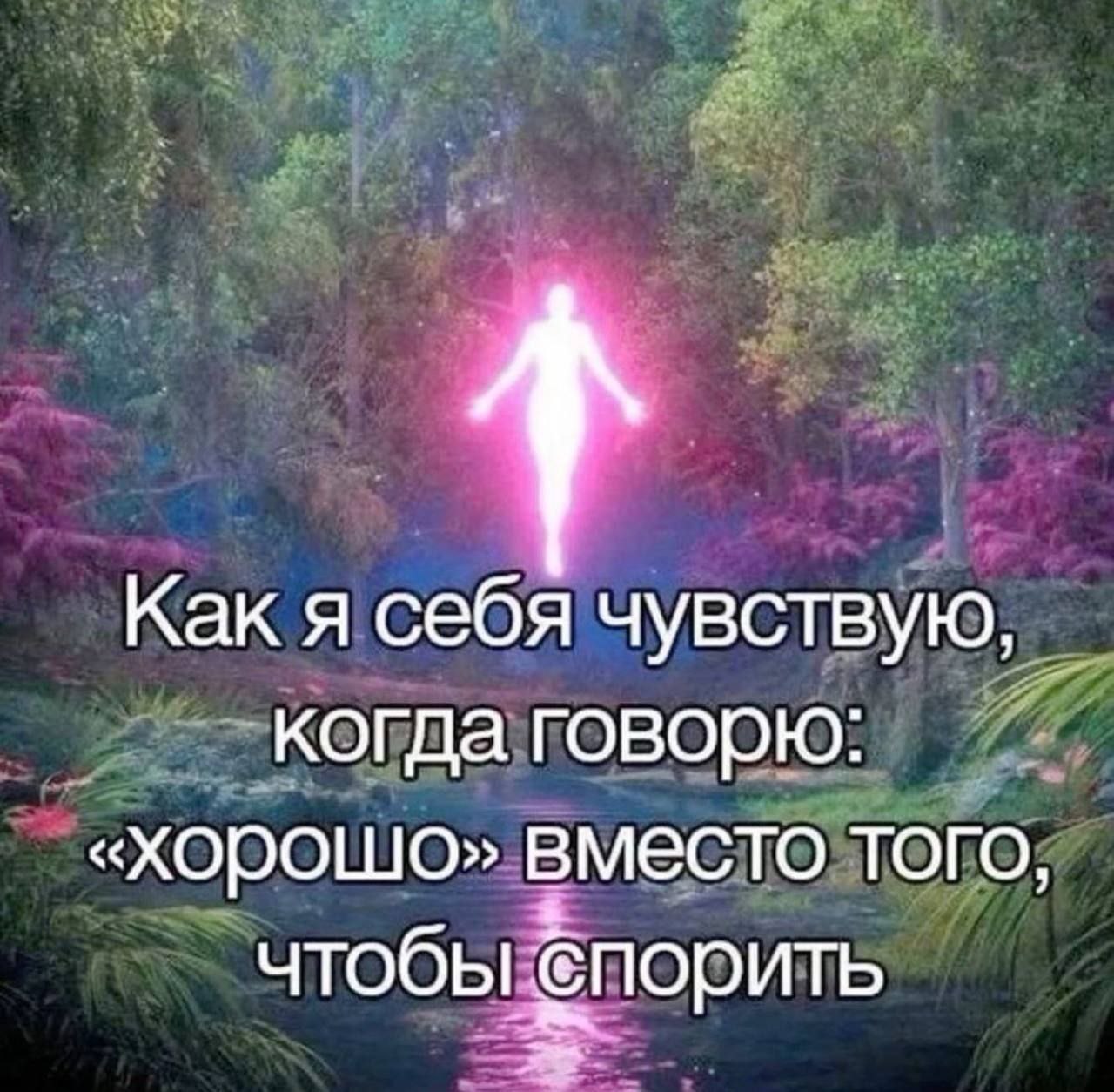 Как я себя чувствую, когда говорю «хорошо» вместо того, чтобы спорить Светящаяся фигура человека парит над водоемом в волшебном лесу, символизируя умиротворение, когда говоришь «хорошо» вместо спора.