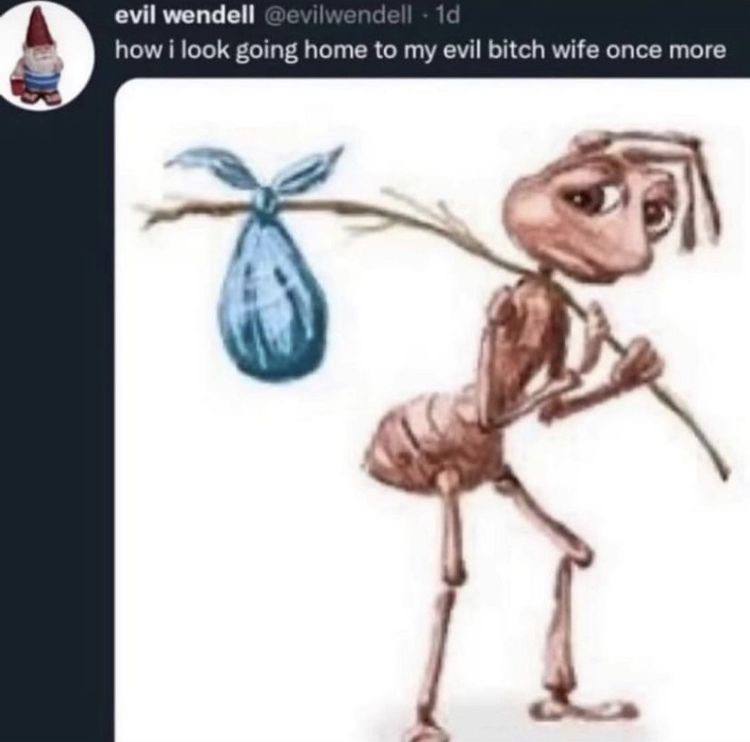 How i look going home to my evil bitch wife once more Муравей, возвращающийся домой, чтобы столкнуться со своей сварливой женой, с котомкой на палке через плечо и грустным выражением лица