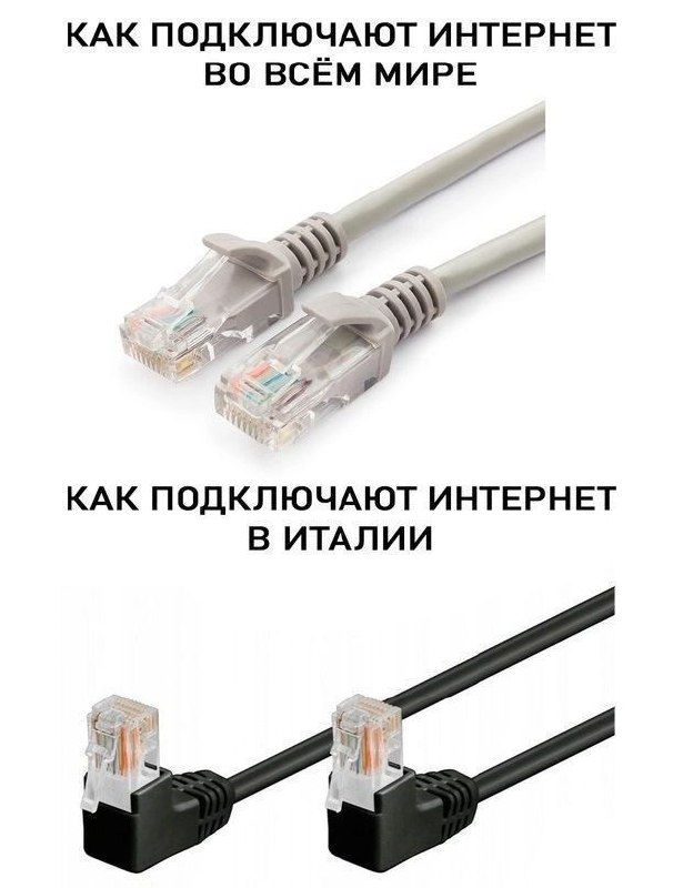 Как подключают интернет в Италии Мем про подключение интернета в Италии с использованием угловых коннекторов, в отличие от прямых коннекторов в остальном мире.