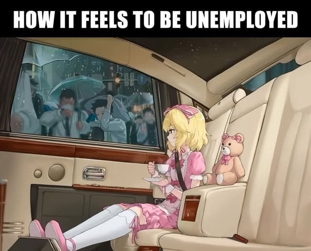 HOW IT FEELS TO BE UNEMPLOYED Девушка сидит в машине и смотрит на людей под дождем