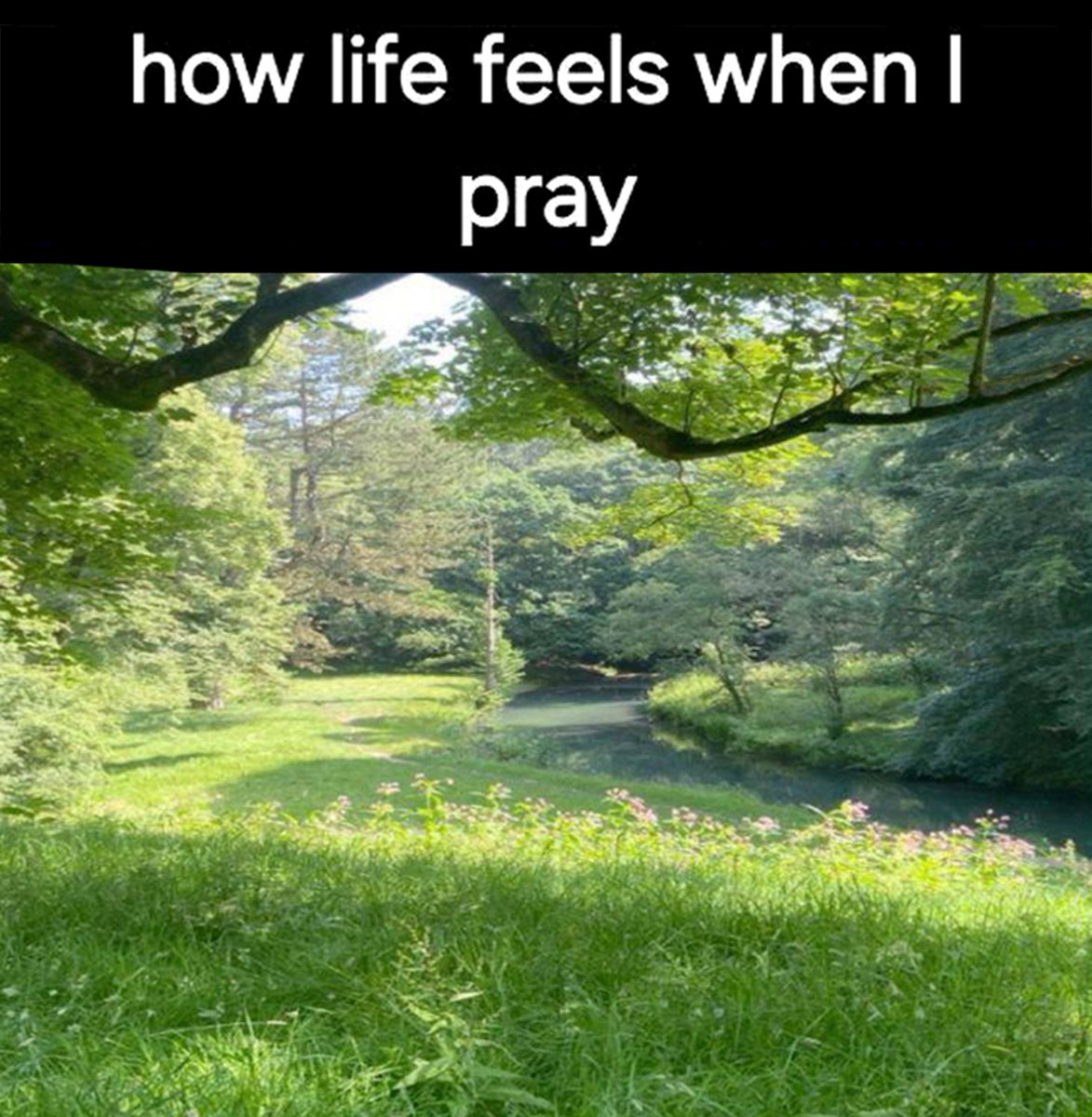 how life feels when I pray Мем с фразой how life feels when I pray, который ассоциирует молитву со спокойным и умиротворенным пейзажем.