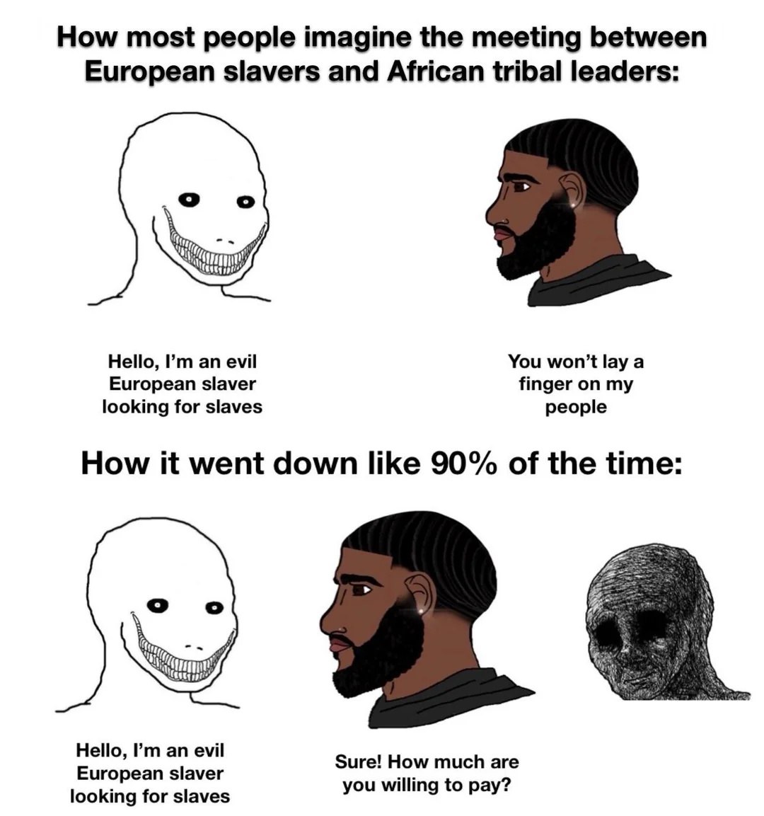 Мем о том, как люди представляют себе встречу европейских работорговцев и африканских лидеров и как это происходило на самом деле