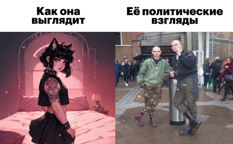Как она выглядит, её политические взгляды Мем "Как она выглядит, её политические взгляды" со стилизованной девушкой и двумя скинхедами.
