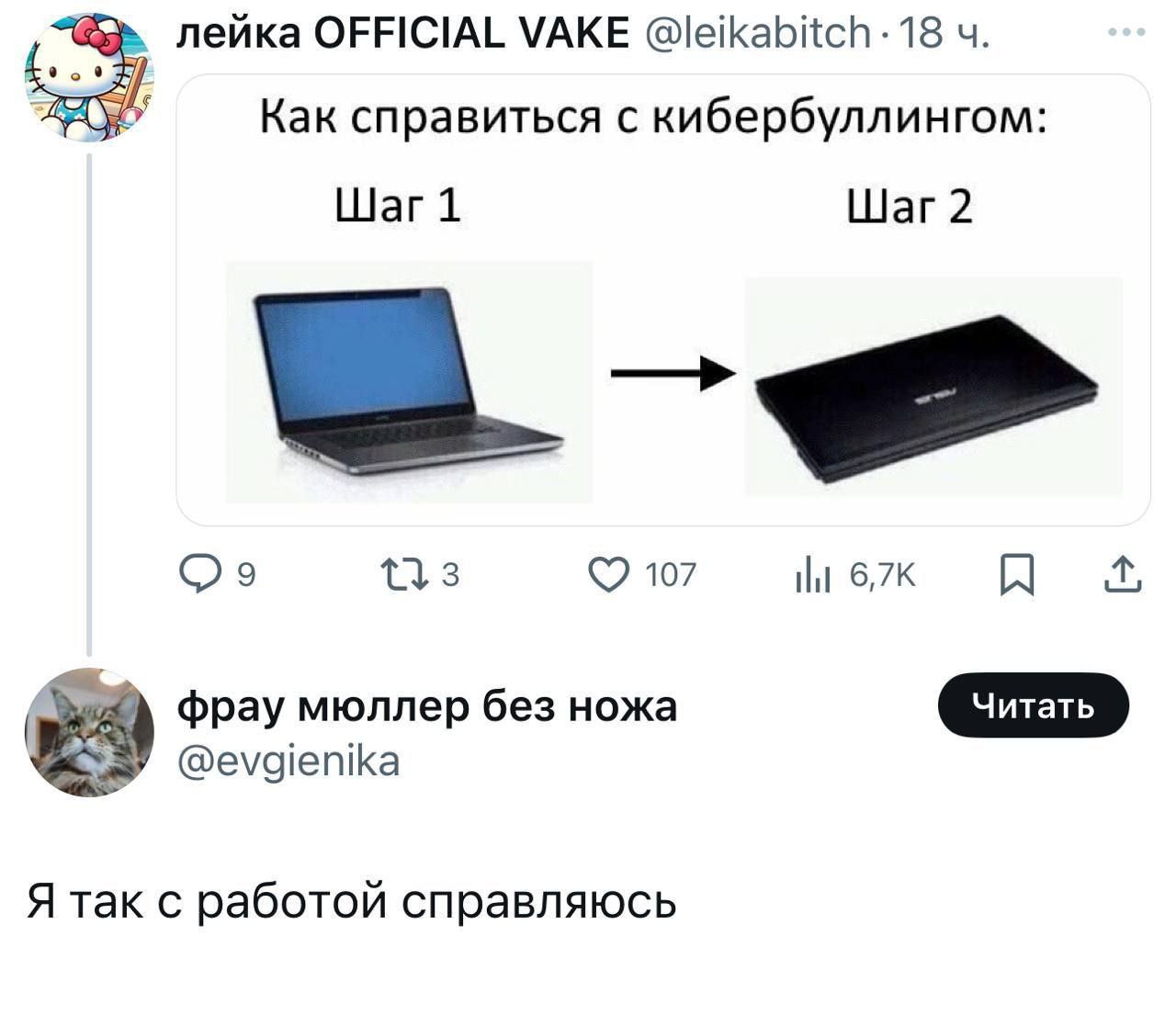 Как справиться с кибербуллингом: Шаг 1 Шаг 2 Мем с картинкой, показывающей как справиться с кибербуллингом: сначала ноутбук открыт, потом он закрывается, а внизу подпись от другого пользователя, которая говорит, что она так справляется с работой.