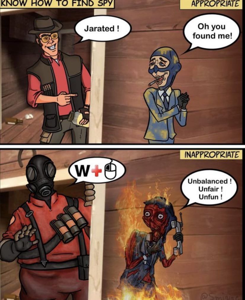Как найти шпиона в Team Fortress 2 Мем, показывающий уместные и неуместные способы поиска шпиона в Team Fortress 2