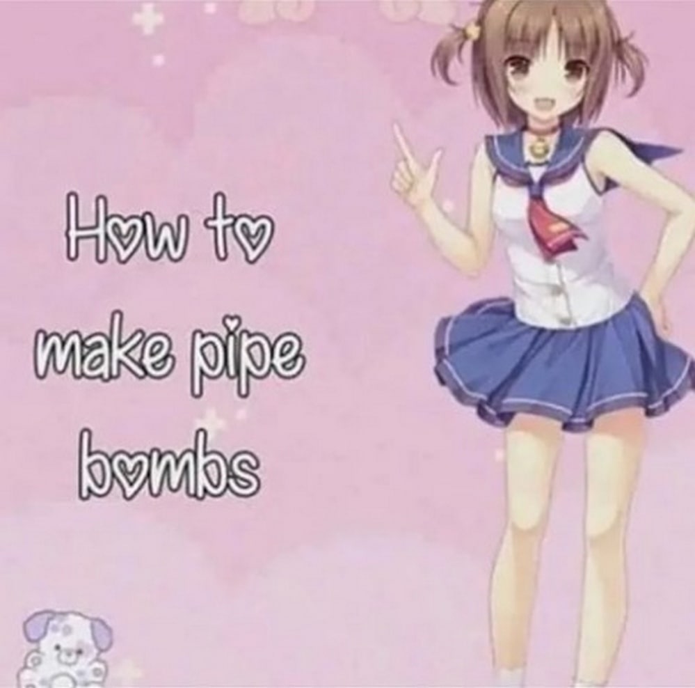 How to make pipe bombs Мем про аниме-девочку "How to make pipe bombs" на розовом фоне