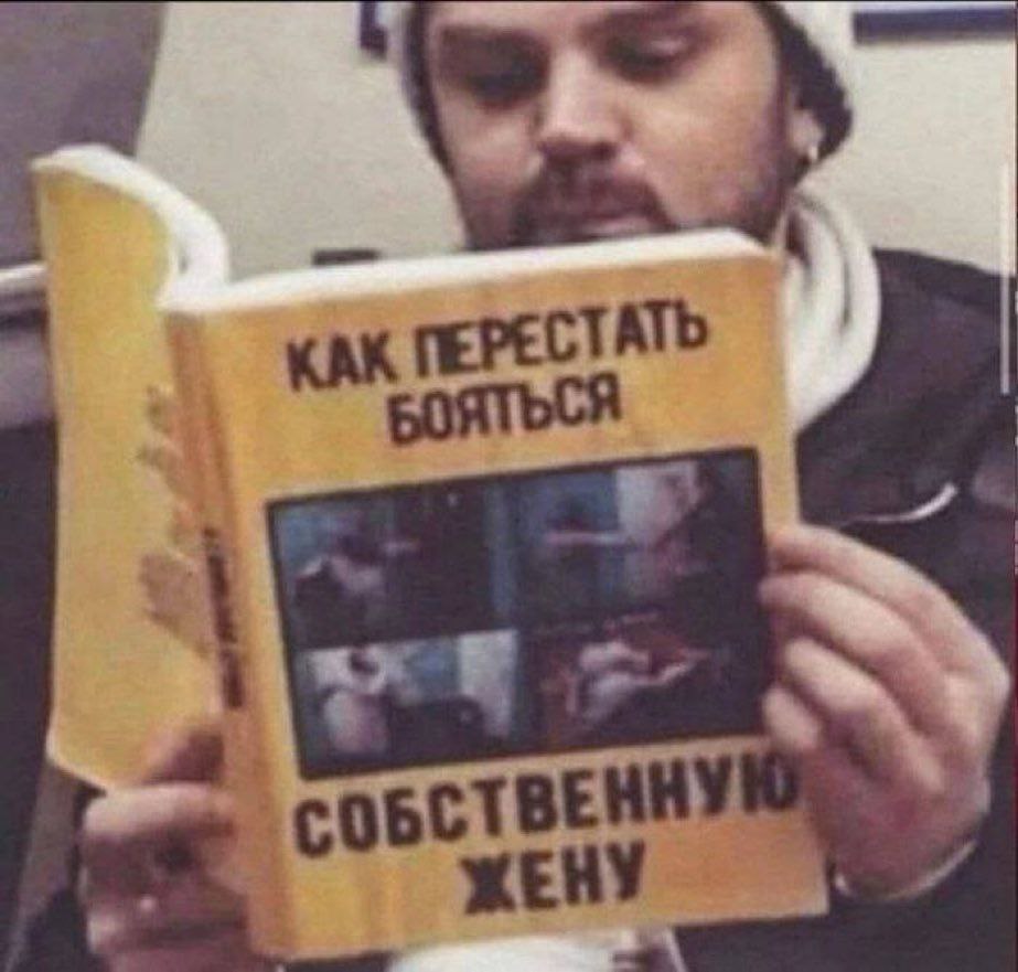 Как перестать бояться собственную жену Мужчина читает книгу под названием «Как перестать бояться собственную жену»